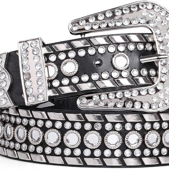 Leather Belt Men Women 1.5 Inch Rhinestone Studded Buckle Adjustable - Picture 6 of 6